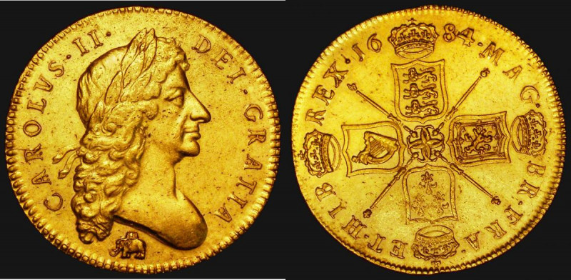 Five Guineas 1684 Elephant and Castle below bust, TRICESIMO SEXTO edge, S.3332 E...