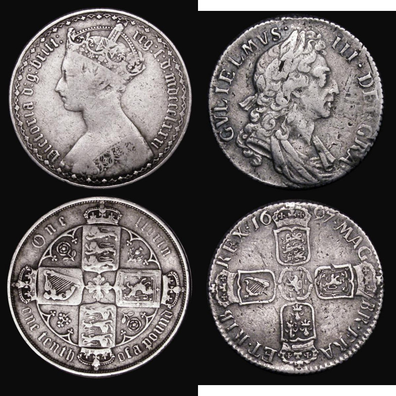 Shilling 1697 Third Bust, as ESC 1102, Bull 1128, with RFX for REX, Fine with so...