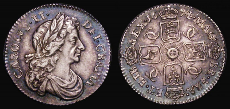 Sixpence 1674 ESC 1512, Bull 566 EF and beautifully toned, with deep blue/green ...