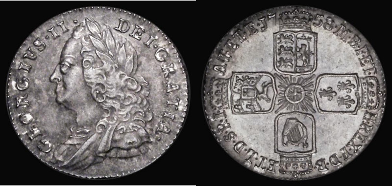 Sixpence 1758 ESC 1623 A/UNC attractively toned the reverse colourfully so, and ...