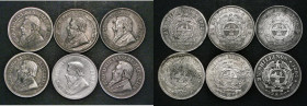 South Africa Halfcrowns (6) 1892 Fine, toned, 1894 (3) NVF, About Fine (2) one with some scratches, 1897 (2) both Good Fine, one with some spots 
Est...