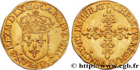 CHARLES IX
Type : Écu d'or au soleil, 1er type 
Date : 1566 (MDLXVI) 
Mint name / Town : Paris 
Quantity minted : 180450 
Metal : gold 
Millesimal fin...