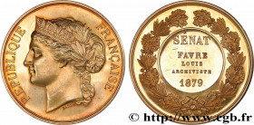 III REPUBLIC
Type : Médaille, Sénat, Archiviste 
Date : 1879 
Metal : gold plated silver 
Diameter : 51  mm
Weight : 68,23  g.
Edge : lisse + abeille ...