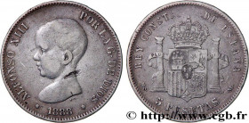 SPAIN - KINGDOM OF SPAIN - ALFONSO XIII
Type : 5 Pesetas, MS - M 
Date : 1888 
Mint name / Town : Madrid 
Quantity minted : - 
Metal : silver 
Millesi...