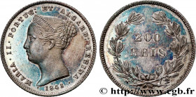 PORTUGAL - MARIA II 
Type : 200 Réis 
Date : 1843 
Metal : silver 
Diameter : 23,5  mm
Orientation dies : 6  h.
Weight : 5,90  g.
Edge : cannélée 
Rar...