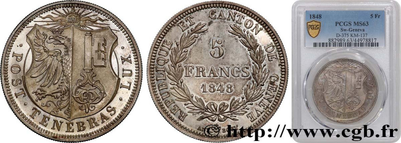 SWITZERLAND - REPUBLIC OF GENEVA
Type : 5 Francs 
Date : 1848 
Quantity minted :...