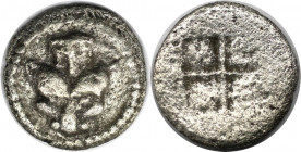Griechische Münzen, MACEDONIA. AKANTHOS. Obol circa 480 v. Chr. Vs.: Kopf einer Löwin mit einem Stunde des. Rs.: Viergeteiltes Quadratum incusum. Silb...