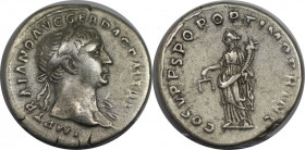 Römische Münzen, MÜNZEN DER RÖMISCHEN KAISERZEIT. Traianus (98-117 n. Chr.). Denarius 107-109 n. Chr., Roma. (3,30 g. 19 mm) Vs.: Büste mit Lorbeerkra...