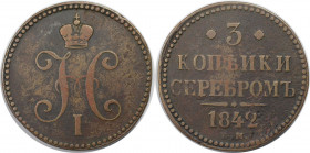 Russische Münzen und Medaillen, Nikolaus I. (1826-1855). 3 Kopeken 1842 EM. Kupfer. Bitkin 541. Sehr schön+