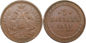 Russische Münzen und Medaillen, Nikolaus I. (1826-1855). 5 Kopeken 1851 EM. Kupfer. Schön-sehr schön
