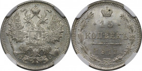 Russische Münzen und Medaillen, Nikolaus II. (1894-1918). 15 Kopeken 1917 BC. Silber. Bitkin 144 (R). NGC MS 65