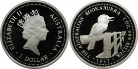 Weltmünzen und Medaillen, Australien / Australia. Australischer Kookaburra. 1 Dollar 1997. 31,10 g. 0.999 Silber. 1 OZ. KM 362. Polierte Platte