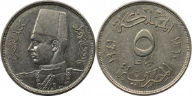 Weltmünzen und Medaillen, Ägypten / Egypt. Farouk I. 5 Milliemes 1941 (AH 1360). Kupfer-Nickel. KM 363. Stempelglanz