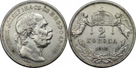 RDR – Habsburg – Österreich, KAISERREICH ÖSTERREICH. Österreich-Ungarn. Franz Joseph I. (1848-1916). 2 Korona 1913 KB. Silber. Jaeger 406. Stempelglan...
