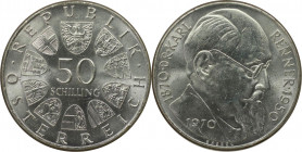 RDR – Habsburg – Österreich, REPUBLIK ÖSTERREICH. 100. Geburtstag von Dr. Karl Renner. 50 Schilling 1970. 20,0 g. 0.900 Silber. 0.58 OZ. KM 2909. Stem...