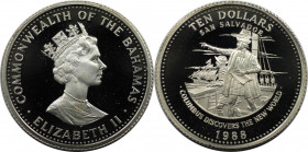 Weltmünzen und Medaillen, Bahamas. Entdeckung der Neuen Welt - Christoph Kolumbus. 10 Dollars 1988. 28,28 g. 0.925 Silber. 0.84 OZ. KM 123. Polierte P...