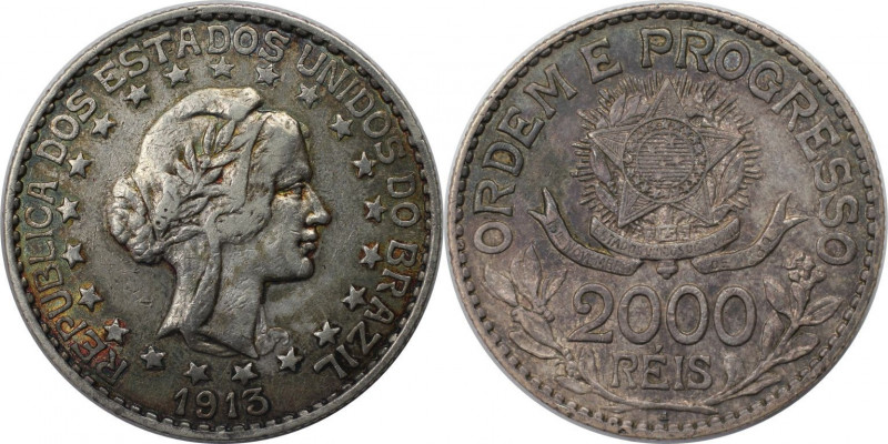 Weltmünzen und Medaillen, Brasilien / Brazil. 2000 Reis 1913. Silber. KM 514. Se...