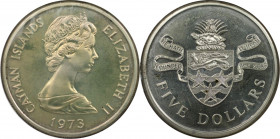 Weltmünzen und Medaillen, Cayman Islands. Elizabeth II. 5 Dollars 1973. 35,50 g. 0.925 Silber. 1.0557 OZ. KM 8. Polierte Platte