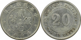 Weltmünzen und Medaillen, China. Provinz Kwangtung. 20 Cents / 2 Jiao 1920. Silber. Sehr schön-vorzüglich