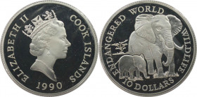 Weltmünzen und Medaillen, Cookinseln / Cook Islands. Bedrohte Wildtiere - Afrikanische Elefanten. 10 Dollars 1990. 10,0 g. 0.925 Silber. 0.3 OZ. KM 80...