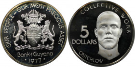 Weltmünzen und Medaillen, Guyana. 10. Jubiläum - Unabhängigkeit. 5 Dollars 1977. 37,30 g. 0.500 Silber. 0.6 OZ. KM 43a. Polierte Platte