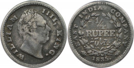 Weltmünzen und Medaillen, Indien / India. Britisch Indien. Wilhelm IV. (1830-1837). 1/4 Rupee 1835. Silber. KM 448. Sehr schön+