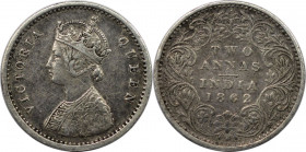 Weltmünzen und Medaillen, Indien / India. Britisch Indien. Victoria (1837-1910). 2 Annas 1862. Silber. KM 469. Fast Vorzüglich