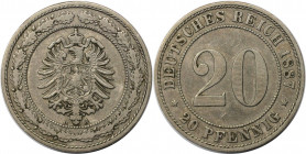 Deutsche Münzen und Medaillen ab 1871, REICHSKLEINMÜNZEN. 20 Pfennig 1887 A, kleiner Adler. Kupfer-Nickel. Jaeger 6. Vorzüglich.
