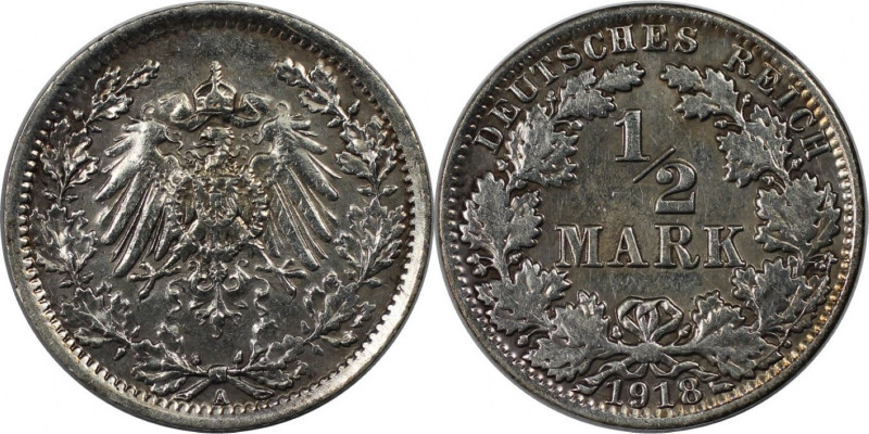Deutsche Münzen und Medaillen ab 1871, REICHSKLEINMÜNZEN. 1/2 Mark 1918 A. Silbe...