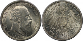 Deutsche Münzen und Medaillen ab 1871, REICHSSILBERMÜNZEN, Baden. Friedrich I. (1852-1907). 2 Mark 1907, auf den Tod. Silber. Jaeger 36. Vorzuglich-St...