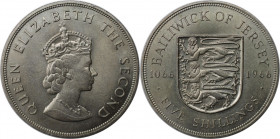 Weltmünzen und Medaillen, Jersey. 900. Jahrestag der Schlacht von Hastings. 5 Shillings 1966. Kupfer-Nickel. KM 28. Sehr schön-vorzüglich