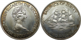 Weltmünzen und Medaillen, Jersey. 25. Hochzeitstag von Königin Elizabeth II. und Prinz Philip. 2 Pounds 1972. 21,68 g. 0.925 Silber. 0.64 OZ. KM 37. S...