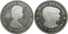 Weltmünzen und Medaillen, Jersey. Hochzeit von Prinz Charles und Lady Diana. 2 Pounds 1981. 28,28 g. 0.925 Silber. 0.84 OZ. KM 52a. Polierte Platte