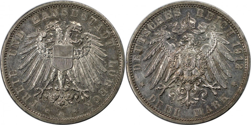 Deutsche Münzen und Medaillen ab 1871, REICHSSILBERMÜNZEN, Lübeck. 3 Mark 1912 A...