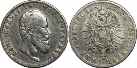 Deutsche Münzen und Medaillen ab 1871, REICHSSILBERMÜNZEN, Württemberg. Karl (1864-1891). 2 Mark 1880 F. Silber. Jaeger 172. Schön-sehr schön. Kratzer...