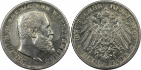Deutsche Münzen und Medaillen ab 1871, REICHSSILBERMÜNZEN, Württemberg. Wilhelm II. (1891-1918). 3 Mark 1909 F. Silber. Jaeger 175. Vorzüglich