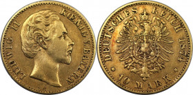 Deutsche Münzen und Medaillen ab 1871, REICHSGOLDMÜNZEN, Bayern. Ludwig II. (1864-1886). 10 Mark 1874 D. Gold. 3,91 g. KM 898. Sehr schön