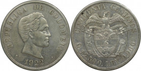 Weltmünzen und Medaillen, Kolumbien / Colombia. Simon Bolivar. 50 Centavos 1922. Silber. KM 274. Sehr schön-vorzüglich