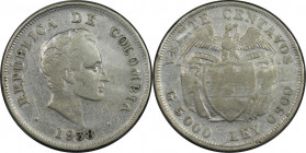 Weltmünzen und Medaillen, Kolumbien / Colombia. Simon Bolivar. 20 Centavos 1938. Silber. KM 197. Sehr schön