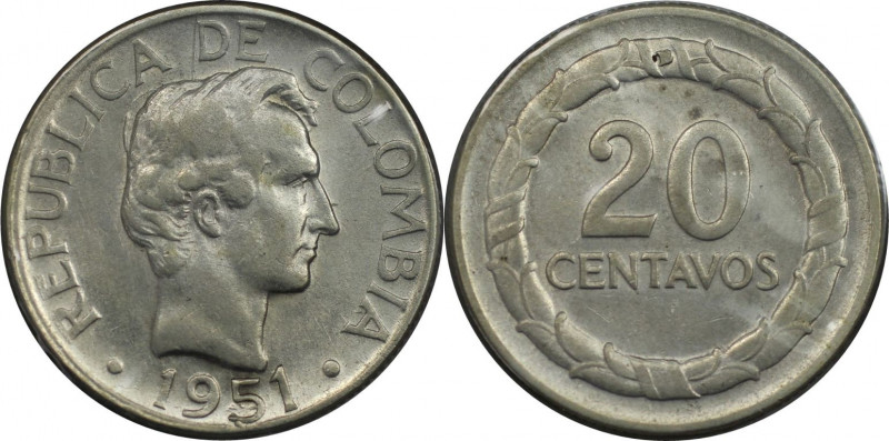 Weltmünzen und Medaillen, Kolumbien / Colombia. 20 Centavos 1951. 5,0 g. 0.500 S...