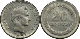 Weltmünzen und Medaillen, Kolumbien / Colombia. 20 Centavos 1951. 5,0 g. 0.500 Silber. 0.08 OZ. KM 208.2. Stempelglanz