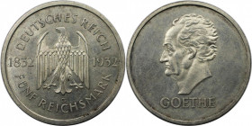 Deutsche Münzen und Medaillen ab 1871, WEIMARER REPUBLIK. Goethe. 5 Reichsmark 1932 G. Silber. Jaeger 351. Fast Stempelglanz