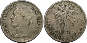 Weltmünzen und Medaillen, Kongo / Congo. Belgisch-Kongo. Albert I. 1 Franc 1921. Kupfer-Nickel. KM 21. Sehr schön