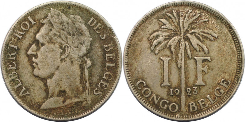 Weltmünzen und Medaillen, Kongo / Congo. Belgisch-Kongo. Albert I. 1 Franc 1923....