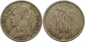Weltmünzen und Medaillen, Kongo / Congo. Belgisch-Kongo. Albert I. 1 Franc 1930. Kupfer-Nickel. KM 20. Sehr schön