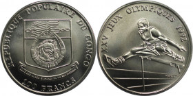Weltmünzen und Medaillen, Kongo / Congo. XXV. Olympische Sommerspiele, Barcelona 1992 - Hürdenlauf. 100 Francs 1991. Vernickelter Stahl. KM 8. Stempel...