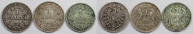 Deutsche Münzen und Medaillen ab 1871, LOTS UND SAMMLUNGEN. 1 Mark 1876 G, 1 Mark 1915 A, 1 Reichsmark 1925 E. Lot von 3 Münzen. Silber. Sehr schön
