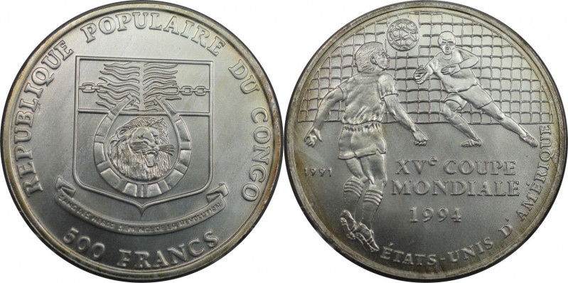 Weltmünzen und Medaillen, Kongo / Congo. Fußball-WM 1994. 500 Francs 1991. 12,0 ...