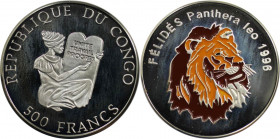 Weltmünzen und Medaillen, Kongo / Congo. Löwe. 500 Francs 1996. 13,81 g. 0.999 Silber. KM 42. Polierte Platte, mit Farbapplikation