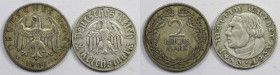 Deutsche Münzen und Medaillen ab 1871, LOTS UND SAMMLUNGEN. 2 Reichsmark 1926 A, 2 Reichsmark 1933. Lot von 2 Münzen. Silber. Sehr schön